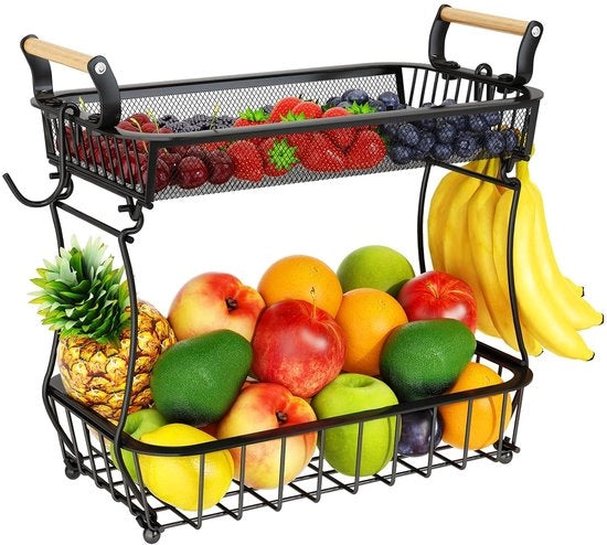 Fruttiera a 2 livelli con uncini per banana - nero - metallo