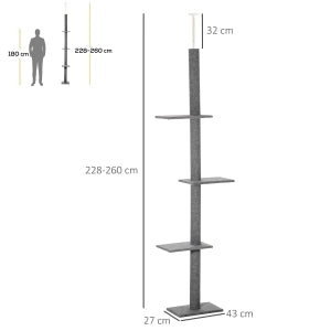 Tiragraffi regolabile da soffitto 228-260 cm, albero per gatti grigio con 4 piattaforme