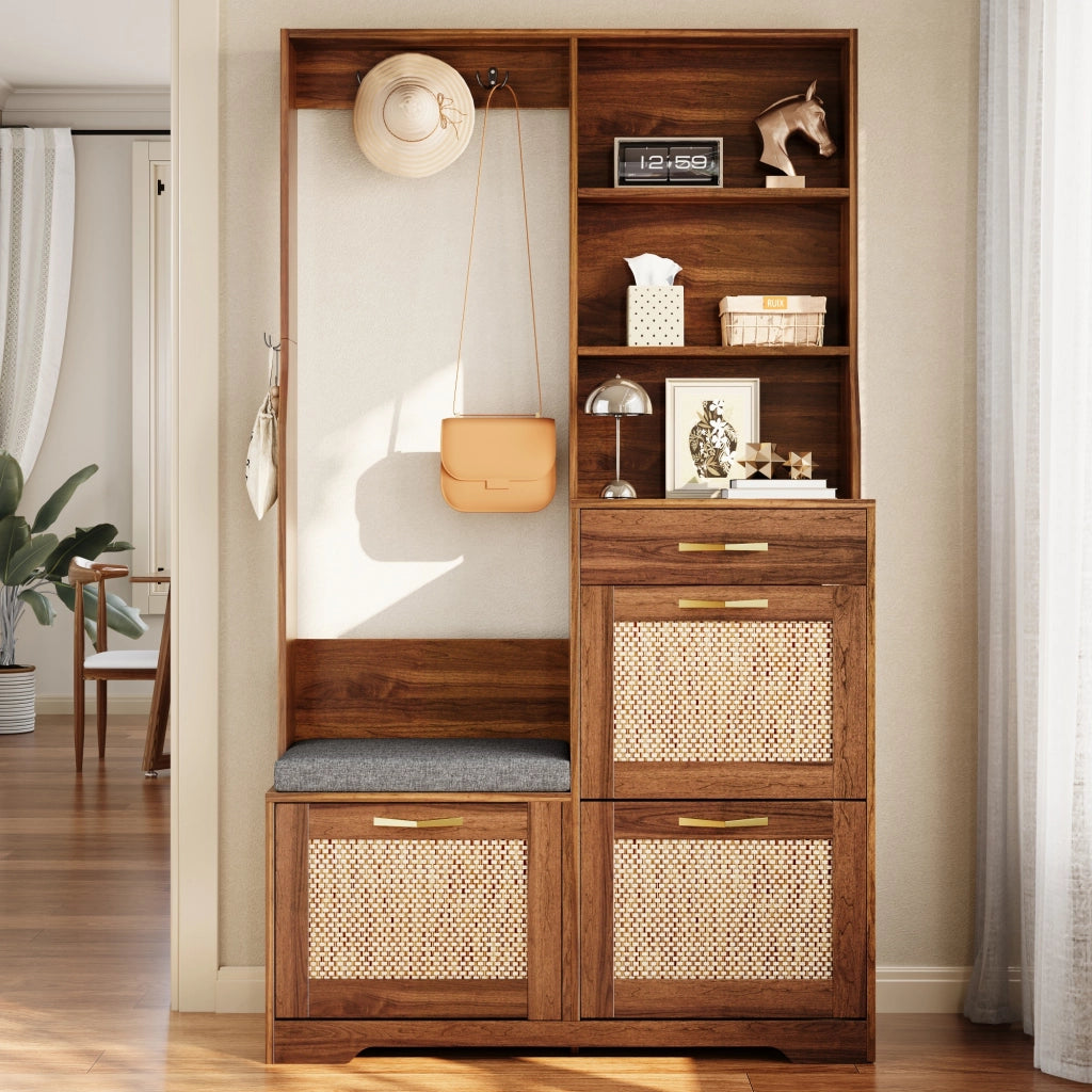 Armadio, armadio da ingresso con panca, scarpiera, frontale in rattan, appendiabiti, cassetti, mobile contenitore, zona d'ingresso