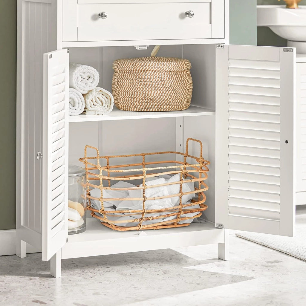 Mobiletto Base per Bagno o Ingresso, con Due Ante e cassetto, in Stile tapparelle,Bianco,FRG238-W,IT