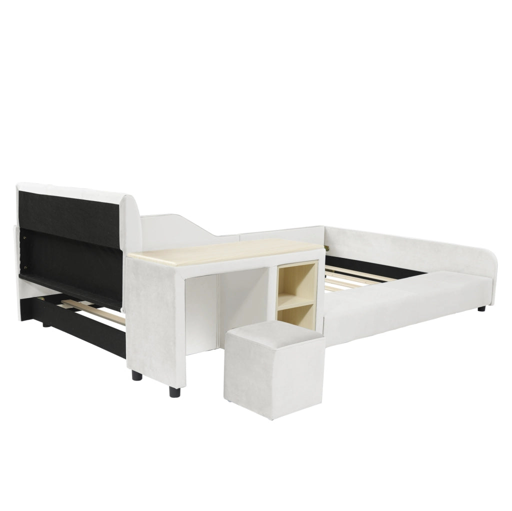 Letto singolo imbottito ULEVR 90x200 cm con scrivania, sgabello e ripiano, velluto bianco