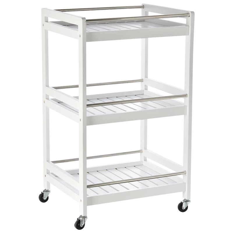 CARRELLO DA CUCINA  CON RUOTE IN LEGNO BIANCO CON 3 RIPIANI 4 RUOTE 360°