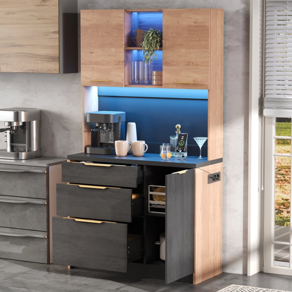 Mobile colonna cucina moderno con LED regolabili, prese UE e piano nero