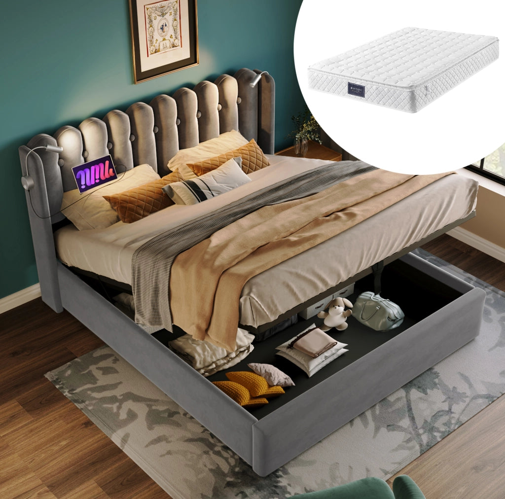Letto matrimoniale 160x200 cm in velluto grigio con luce da lettura; USB e contenitore
