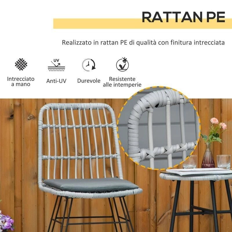 SET MOBILI DA GIARDINO CON TAVOLINO E SEDIE IN RATTAN POILESTERE E ACCIAIO PER ESTERNI GRIGIO