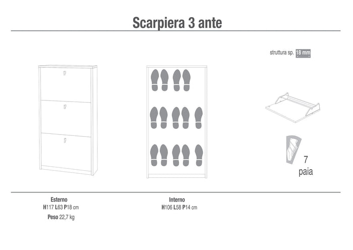 Scarpiera 3 Ante 63x117x18 cm Ossido Bianco