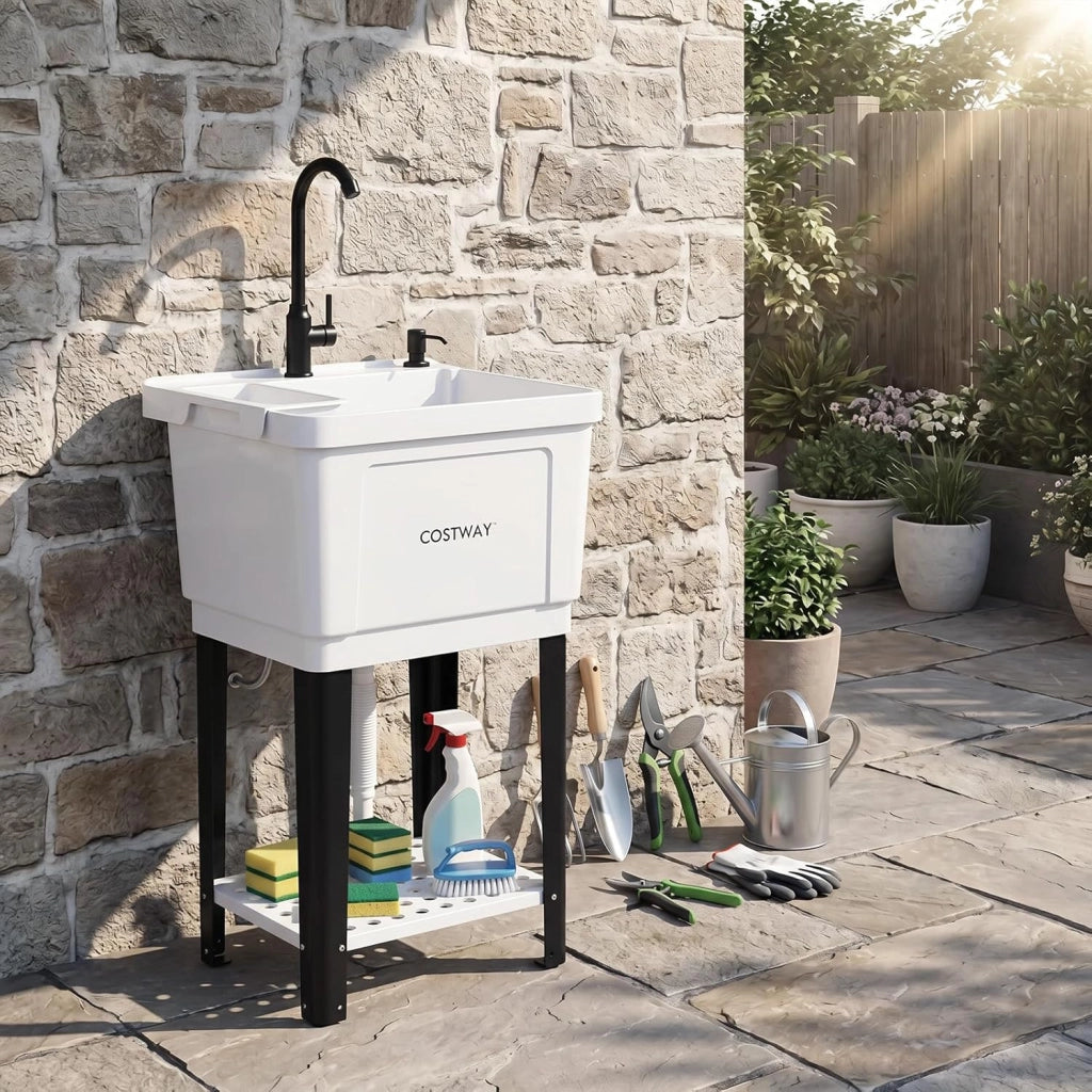 Lavandino da Esterno, Lavello Indipendente con Rubinetto Girevole a 360°, Distributore di Sapone, Vassoio di Raccolta e Ripiano Inferiore, Lavello per Giardino, Garage e Lavanderia