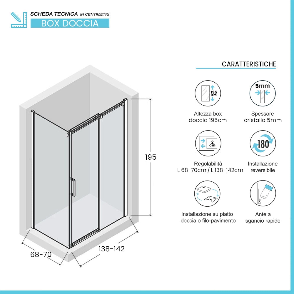 Box doccia angolare 70x140 in vetro temperato trasparente scorrevole con profili bianchi Tay