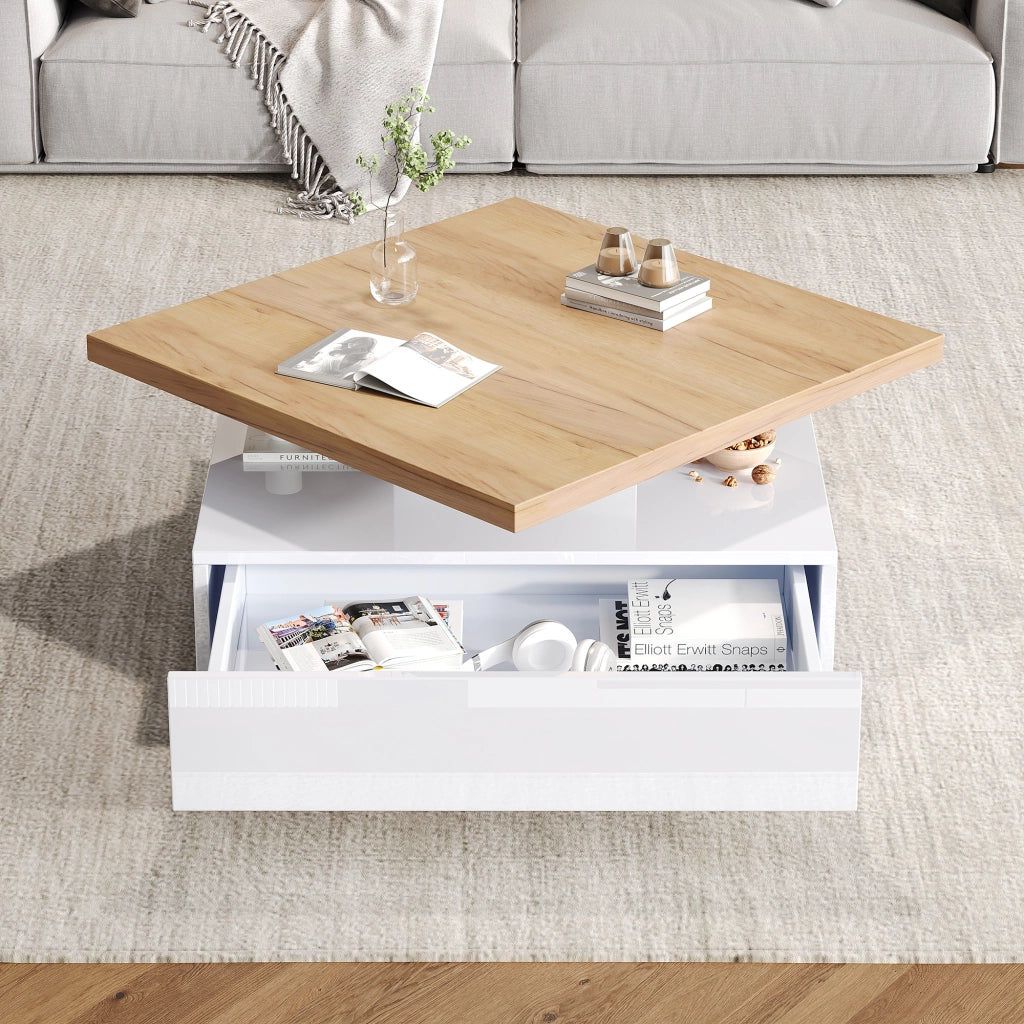 Tavolino da caffè 70x70x36 cm; girevole 360° con vano contenitore; truciolare; colore naturale e bianco
