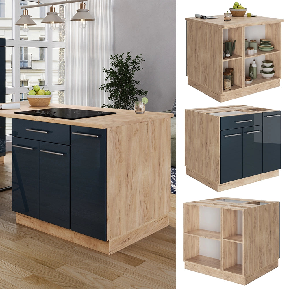 Isola cucina Fame-Line Blu scuro lucido/Rovere dorato 90 cm con cassetto, senza piano di lavoro Vicco