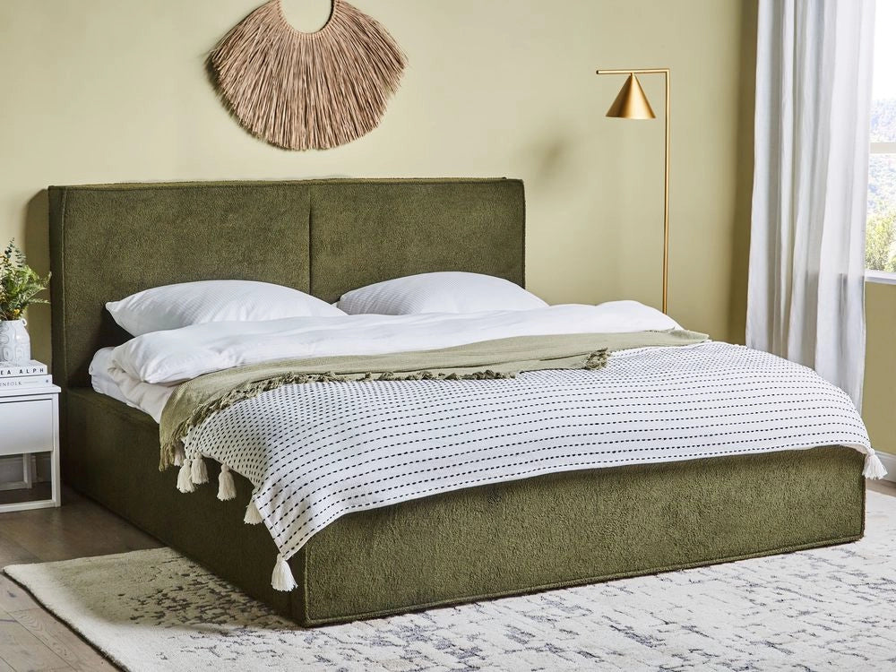 Letto king size 180 x 200 cm Verde Scuro Rivestimento in bouclé Ottomana di contenitore Telaio a doghe Camera da letto moderna contemporanea