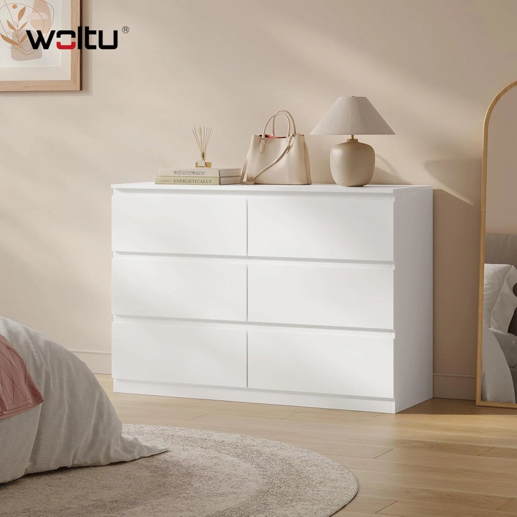 Cassettiera con 6 Cassetti, Mobiletto Salvaspazio in Stile Moderno per Soggiorno, Camera da Letto e Corridoio, 100 x 36 x 69 cm, Bianco, Legno, KMD007ws
