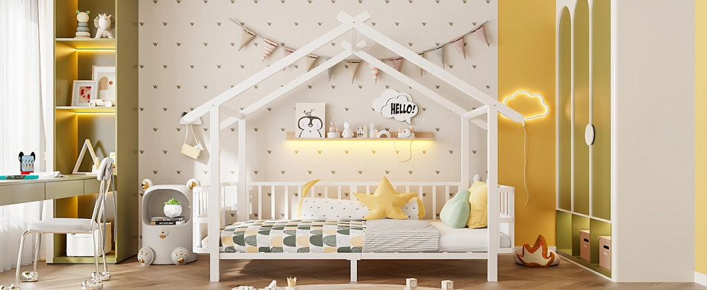 Letto per bambini 90 × 200 cm con barriera di sicurezza, struttura a casetta, sans materasso, en metallo, bianco