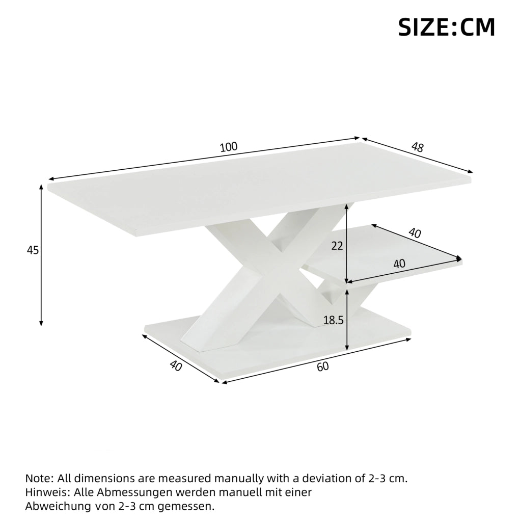 Tavolino da caffè 100x48x45 cm con doppio piano in MDF bianco