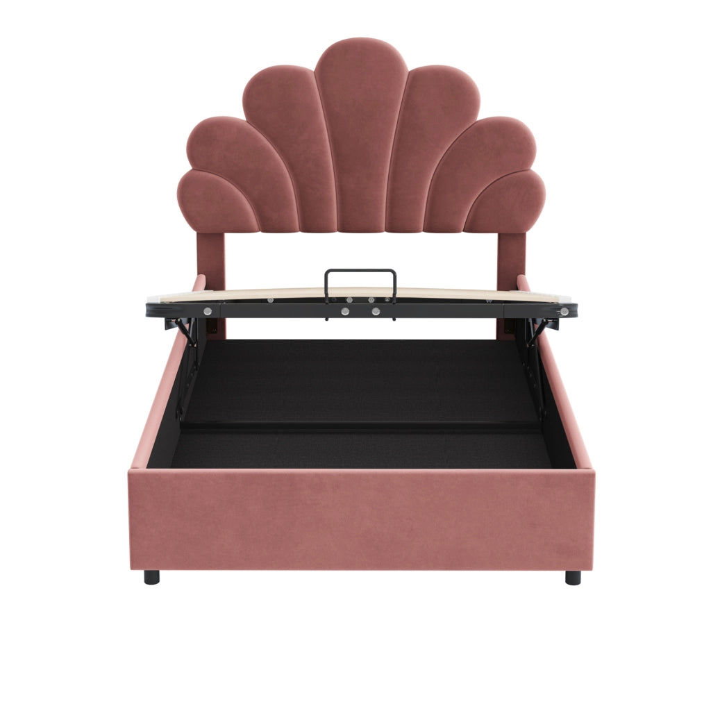 Letto imbottito 90x200 cm rosa con testiera floreale, vano contenitore e rete a doghe