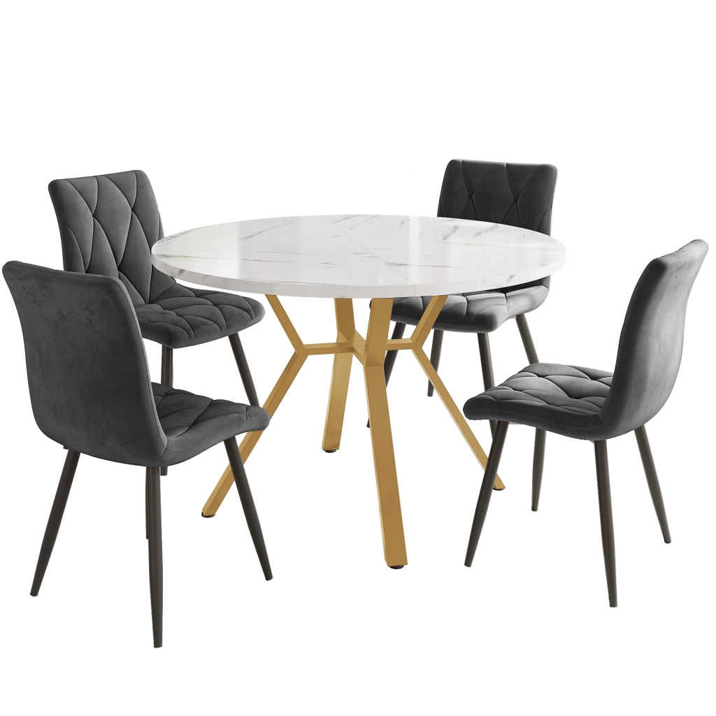 Tavolo da pranzo rotondo con 4 sedie set da 5 pezzi in MDF e acciaio effetto marmo con sedute in velluto grigio