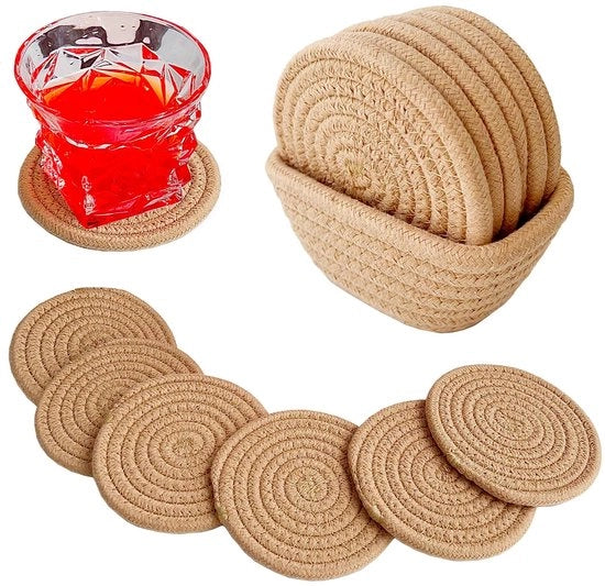 Onderzetters in vetro con contenitore, calzamaglie in cotone a mano per bevande per tavoli da pranzo, bar, cucina, ufficio, caffè, accessori per appartamenti minimalisti e regali per nuove case