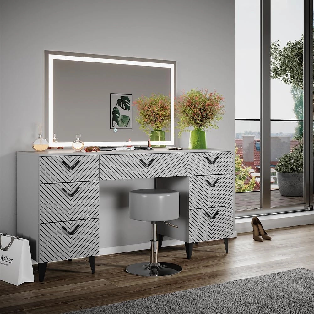 Tavolo da toeletta Anett, Grigio, 150 cm con illuminazione a LED, Cassetti per organizzare nel disordine