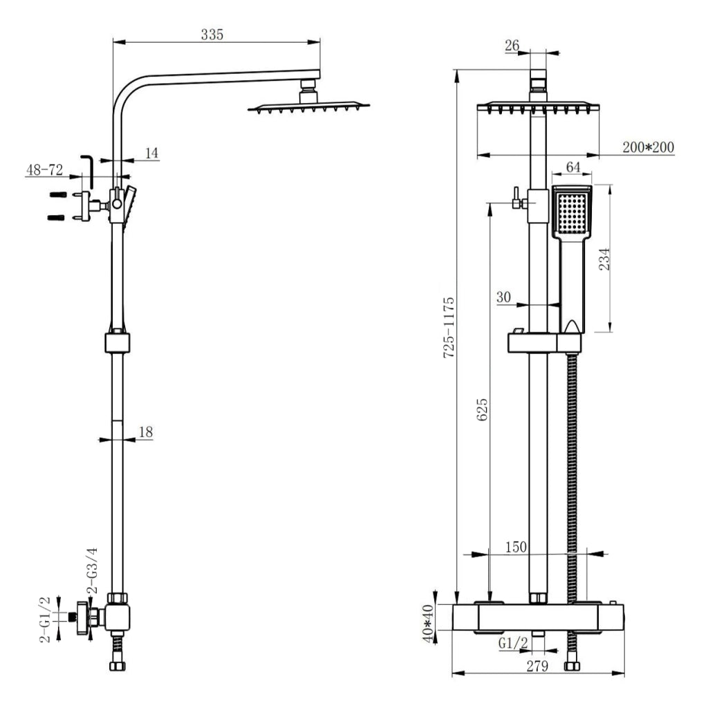 colonna doccia quadrata completo di miscelatore termostatico rettangolo, soffione quadrato 20x20cm, nero
