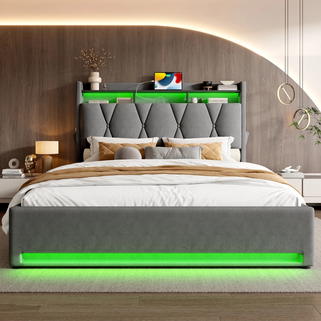 Letti contenitori imbottito 140x200 cm; testiera con ripiano e LED; velluto; grigio scuro (Senza materasso)