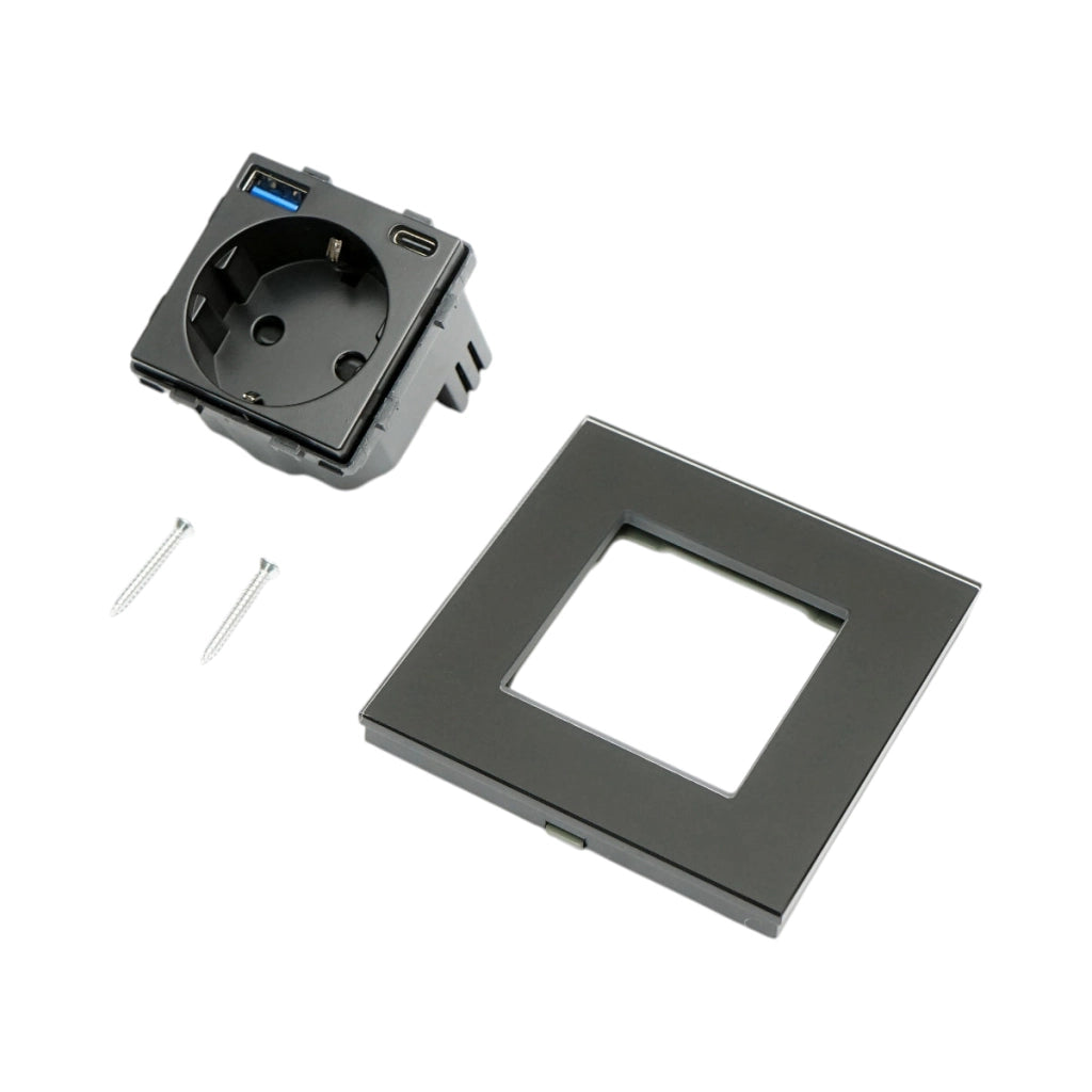 Presa Schuko nera 220V, 16A, 2xUSB A+C 20W ricarica rapida, cornice in vetro 86x86x34mm