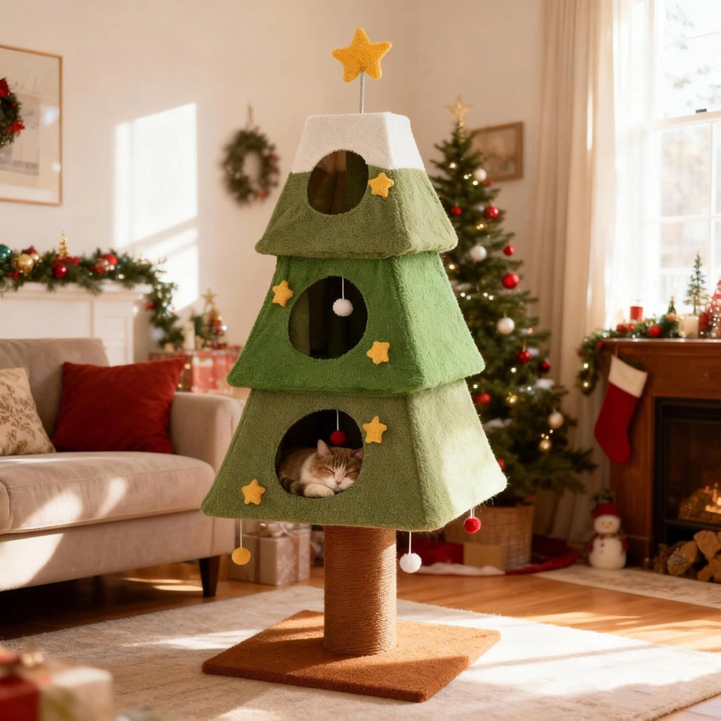 Albero di Natale per Gatti 154 cm, Tiragraffi per Gatti a 4 Livelli con Cuccia Grotta in Peluche con Palline, Piattaforma e Palla, Torre per Gatto con Rifugio, Forma di Albero di Natale