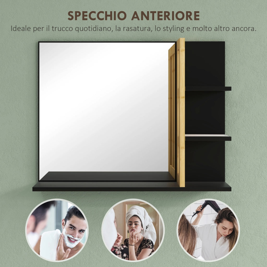 Specchiera Bagno Moderna da Parete a 4 Ripiani in Legno, 45x15x58.5cm, Nero