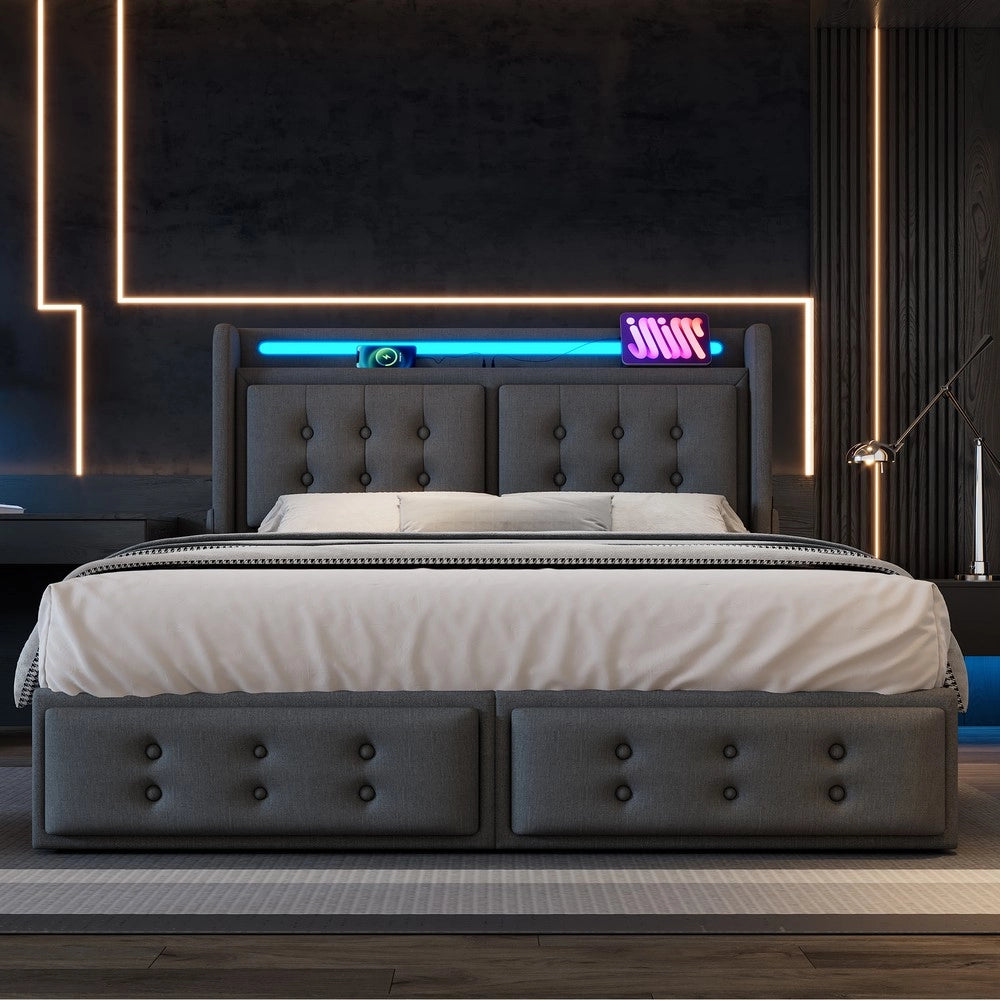 Letto Imbottito Contenitore 160x200 ¨C MINIMAL ¨C Grigio, Testiera LED, USB, 4 Cassetti, Doghe in Legno