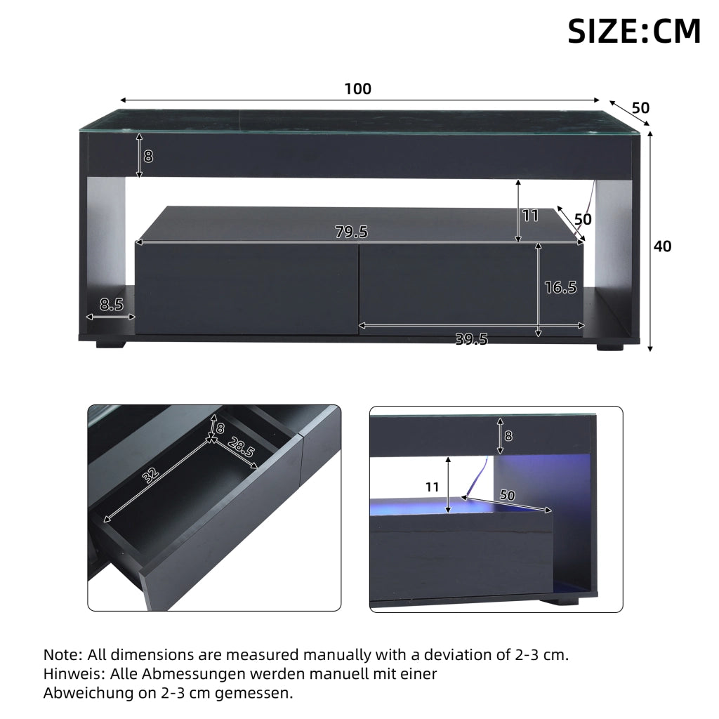 Tavolino da caffè 100x50x40 cm; con LED e 2 cassetti; piano in vetro temperato; truciolare; nero