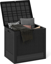 Contenitore da 96L, Scatola da Terrazza in PP Impermeabile per Uso Interno ed Esterno, Contenitore con Design in Rattan Chiudibile a Chiave per Consegna Pacchi (Nero)