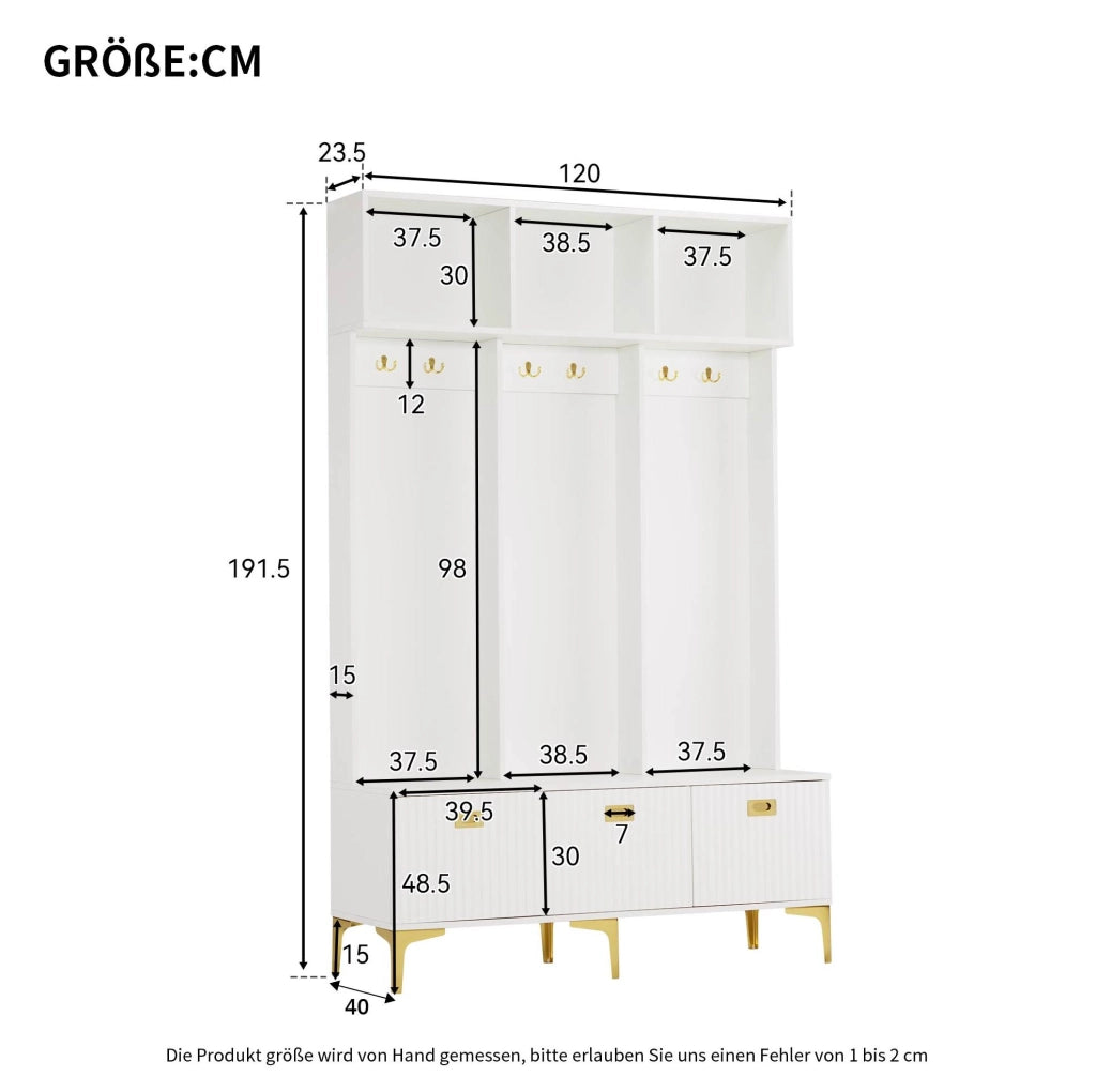 Appendiabiti multifunzione con panca e vani contenitore, bianco, 120 x 23,5 x 191,5 cm