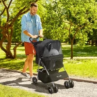 Passeggino per Cani Piccoli Pieghevole, Carrozzina per Cani con Ruote con Freni, Portabicchieri, Cestino Portaoggetti, 3 Finestre e Ruote Anteriori a 360°, per Animali Domestici 10 kg, Nero