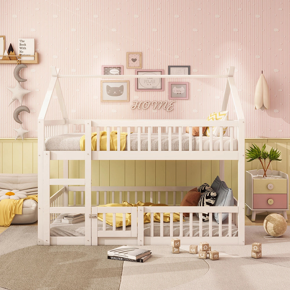 Letto a castello per bambini - Xylo - 140x200 cm - Bianco - Design in legno massello con scala