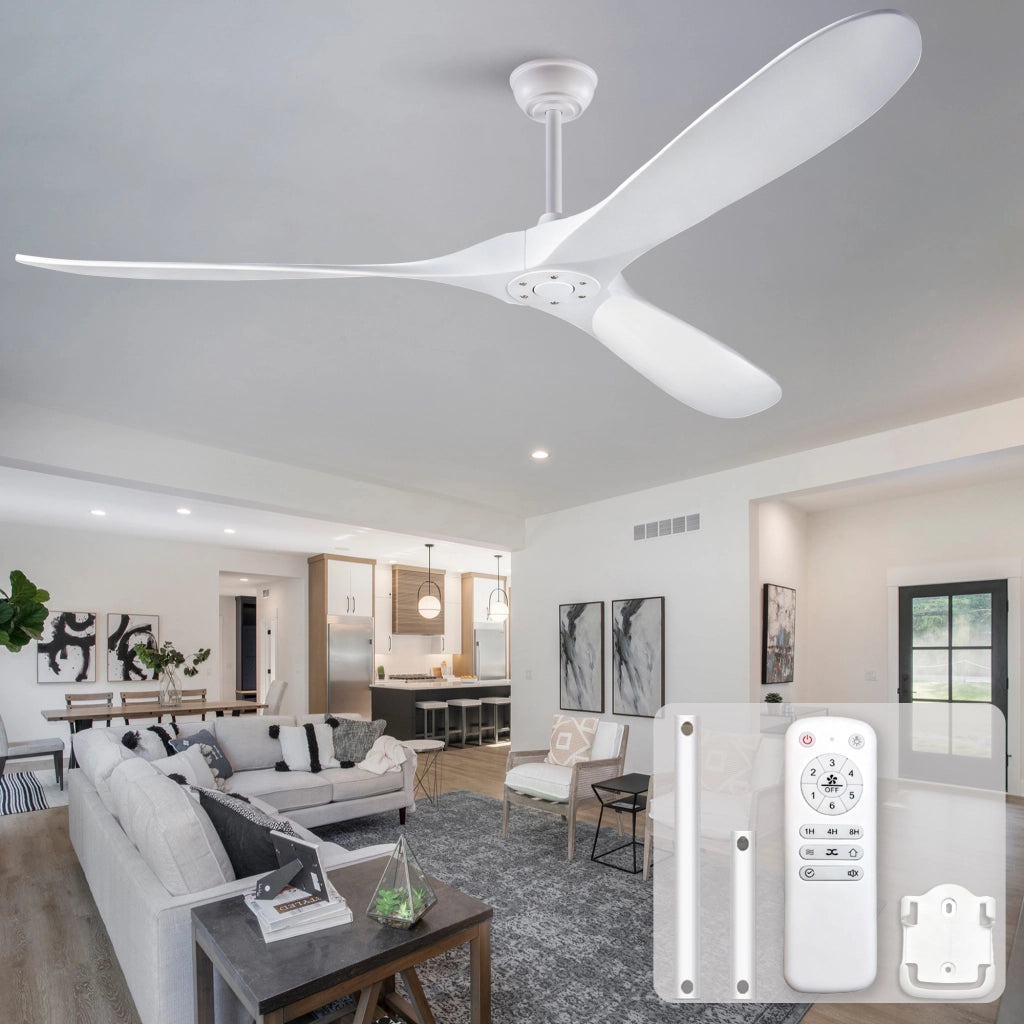 Ventilatore da soffitto bianco design moderno 70 pollici, 3 pale legno massello, senza illuminazione, motore DC reversibile silenzioso