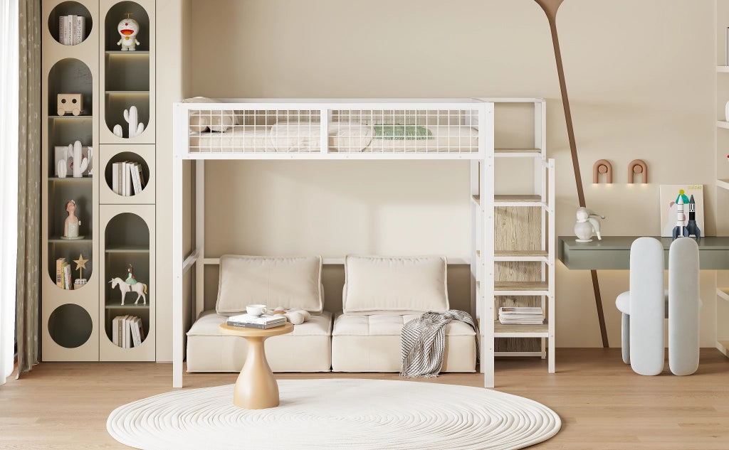 DESMIU Letto a soppalco per bambini 1 posto con scala contenitore e armadio 140 × 200 cm, senza materasso