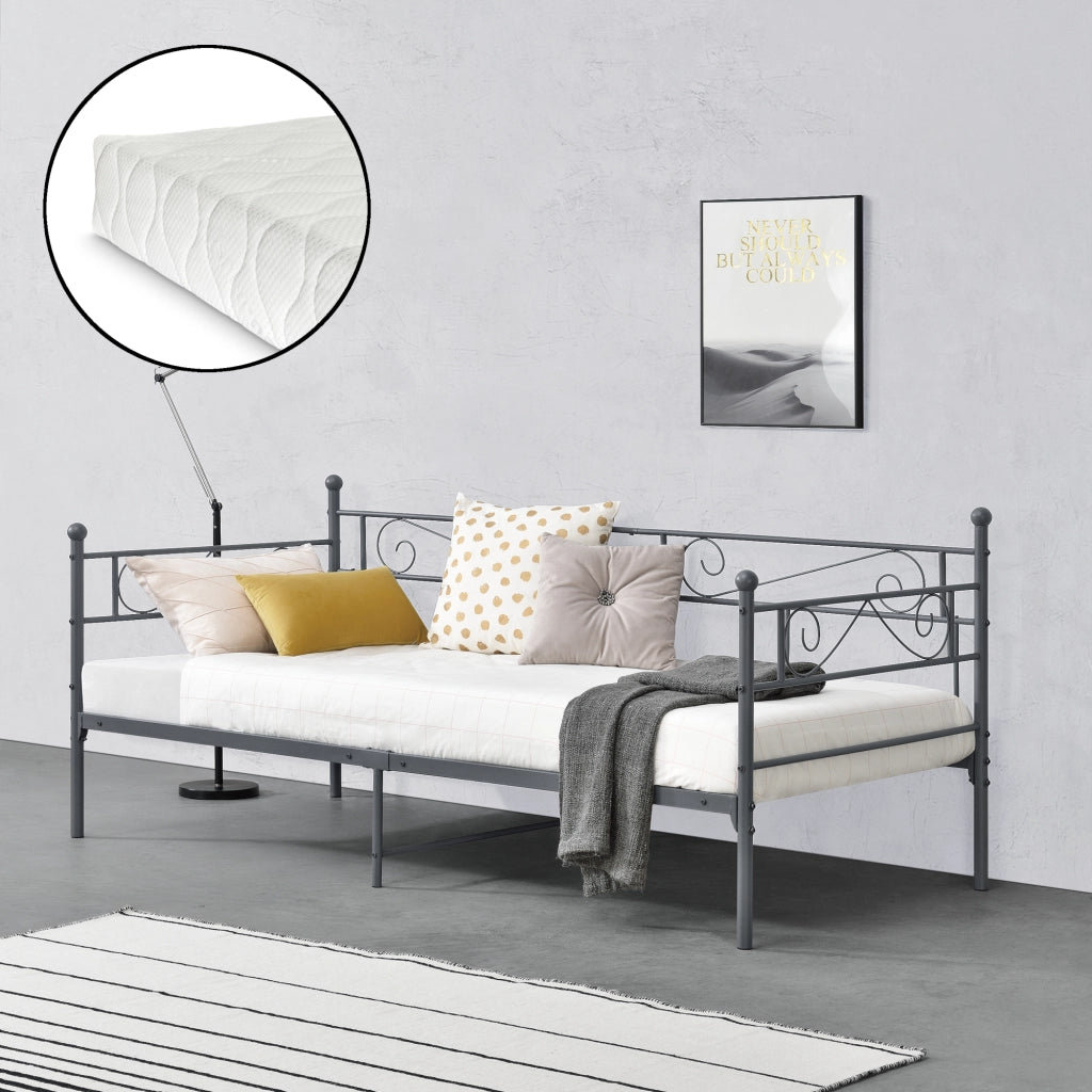 Divano Kerava in Acciaio Letto Singolo con Materasso a Schiuma Fredda 90 x 200 cm - Grigio Scuro [en.casa]