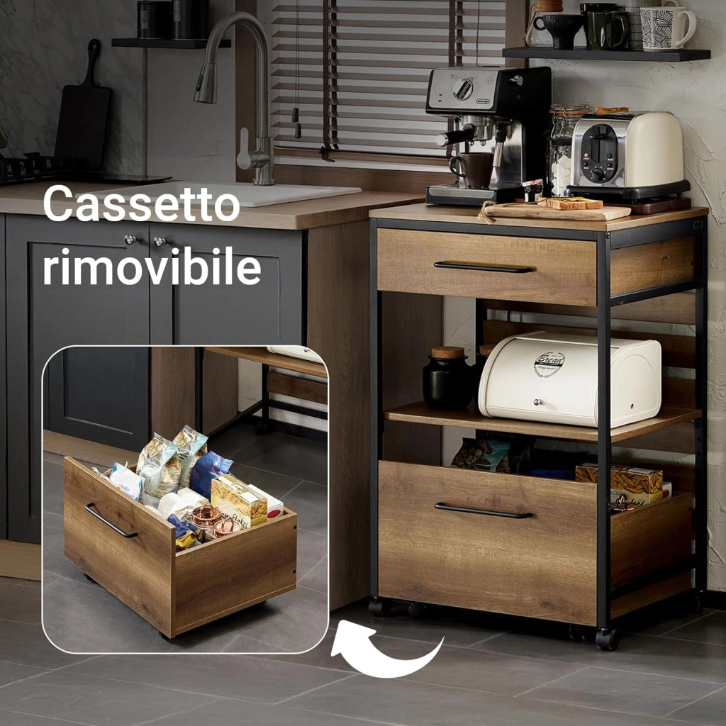 Carrello da cucina con cassa contenitore rimovibile, carrello su ruote/serving cart/bar cart stile vintage, LxAxP ca. 60×90×45 cm FKW118-PF