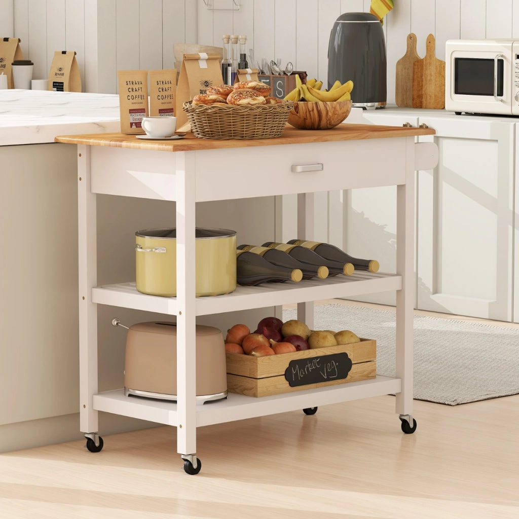 Carrello di servizio a 3 livelli con piano in legno e 2 ripiani aperti-Buffet-Armadio da cucina Isola da cucina con spazio di archiviazione Bianco