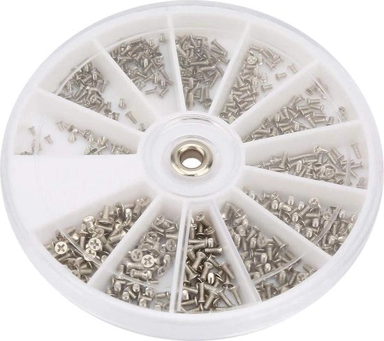 Set di viti a croce in acciaio inossidabile - Assortimento M1.0 M1.2 M1.4 M1.6 - Scatola rotonda per il mantenimento di vetrerie.