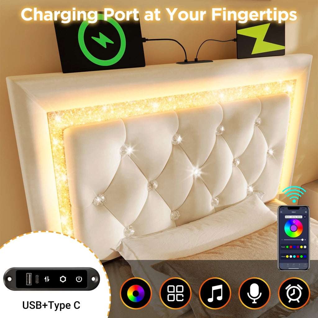 OKWISH Letto Singolo con Contenitore 90×200 cm con LED Regolabile, USB, Type C e Testiera, senza Materasso, in Velluto, Beige