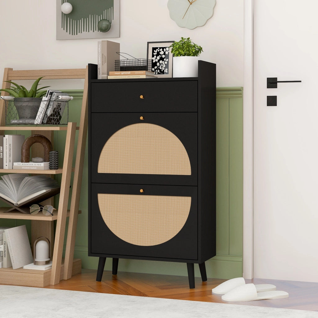 Scarpiera con 2 ante e 1 cassetto con doppio ripiano per ingresso in pannello truciolare nera 60 × 53,8 × 106,7 cm