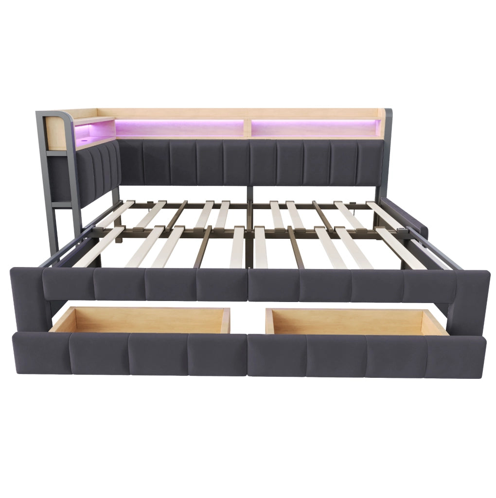 Divano letto estraibile 90/180x200 cm in velluto grigio scuro; con LED; USB; Type-C e contenitori
