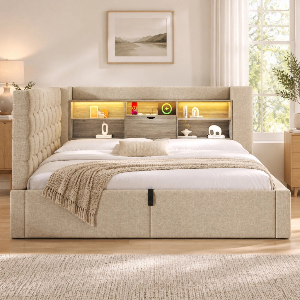 Letto imbottito 140x200 cm con LED, ricarica e contenitore