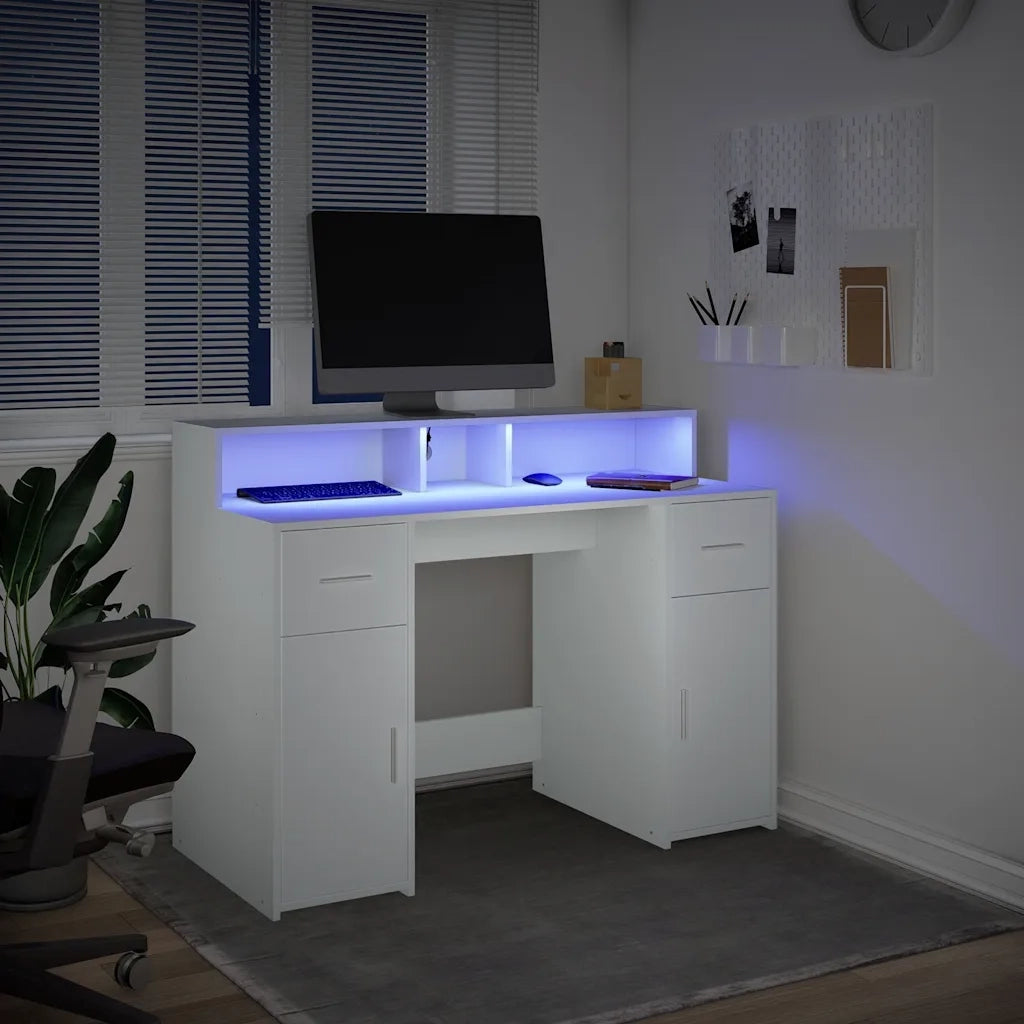 Scrivania con Luci LED Bianca 120x55x91 cm in Truciolato