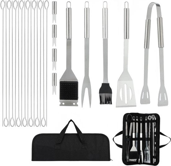 Set di accessori per griglia BBQ da 24 pezzi con tasca di stoccaggio - acciaio inossidabile, attrezzatura per picnic e campeggio