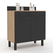 IDMarket - Cassettiera bassa CINA 80 cm, piano di lavoro H.83 cm, 2 ante + cassetto, finitura faggio e nero