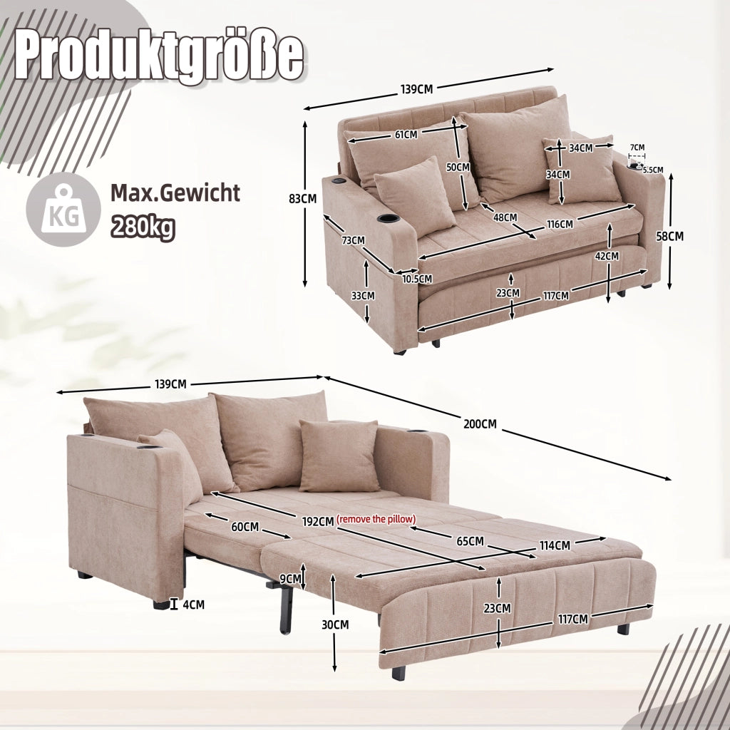 Divano letto convertibile in chenille con tasche laterali e cuscini, per soggiorno e studio, kaki