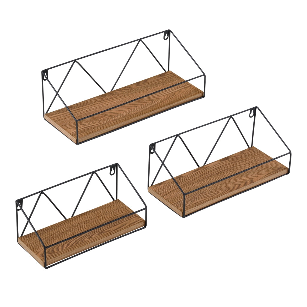 Set di 3 Mensole da Muro / Parete in Misure Diverse, 3 Consolle Pensili con Telaio Nero in Ferro, Mensole Portaoggetti / Libreria - Piano in Effetto Legno Scuro