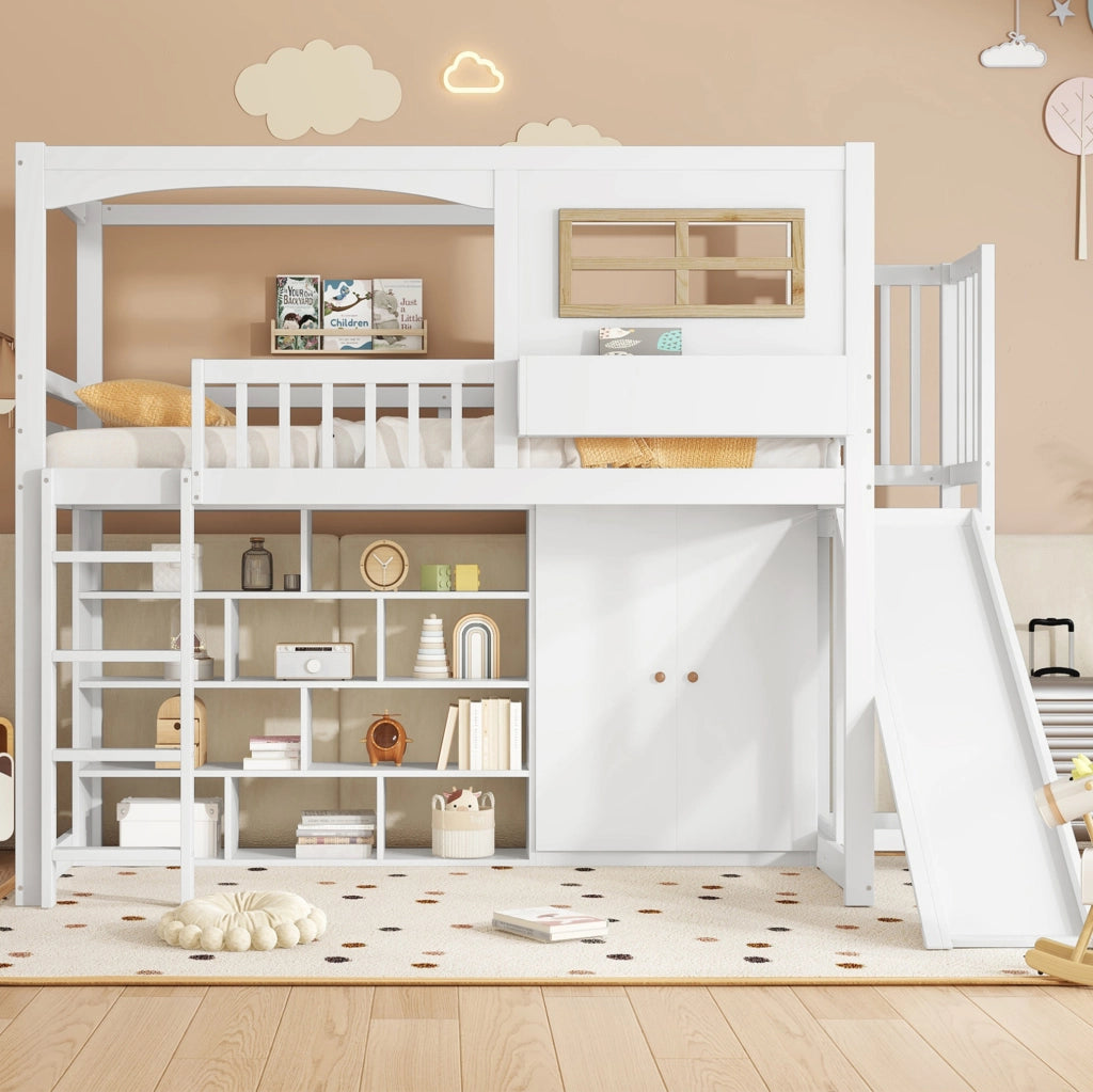 Letto a castello per bambini 90x200 cm con scivolo, armadio e ripiani
