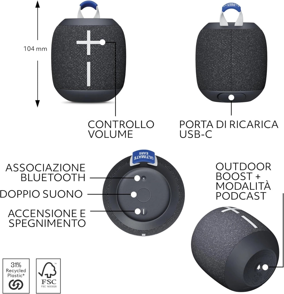 Ultimate Ears WONDERBOOM 4, altoparlante Bluetooth portatile impermeabile con bassi eccezionali e suono a 360°, altoparlante galleggiante antipolvere con raggio d’azione di 40 m - Nero